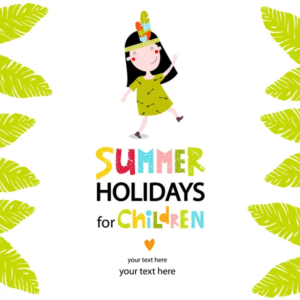 Font Vector illustration with dancing girl "summer vacation for children." It can be used as a poster, postcard invitation to the children's camp. — Stock Vector