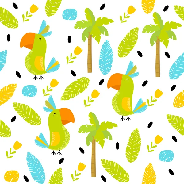 Vector seamless background with cartoon parrots, flowers, palm trees, foliage. Bright multicolored pattern. Safari, Africa, the Indian jungle. — Stock Vector
