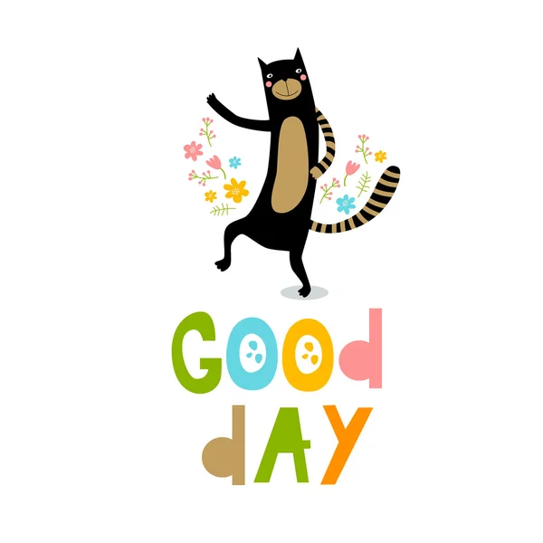 Vektör çizimi motivasyon dans kedi ve kalp "iyi günler" ile siyah, beyaz, altın. Yazı. Bir poster olarak kartpostal davet kullanılabilir. — Stok Vektör
