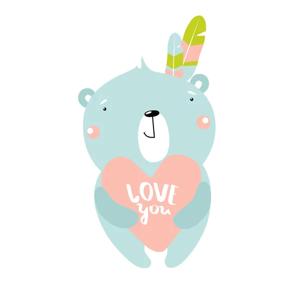 Векторная иллюстрация милого мультяшного медведя и сердечка "люблю тебя". Можно использовать в качестве плаката, приглашения на открытку . — стоковый вектор