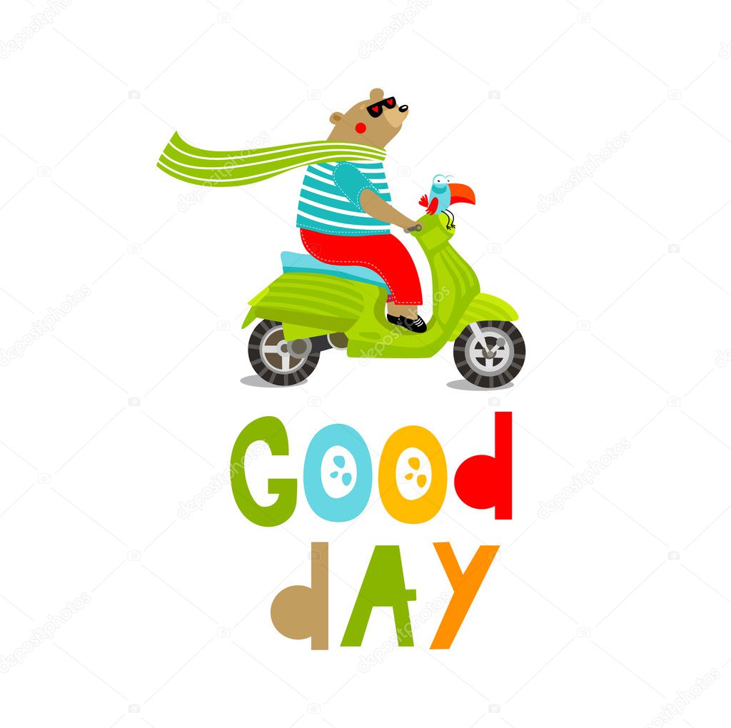Vector illustration of cute teddy bear on a moped and birds 