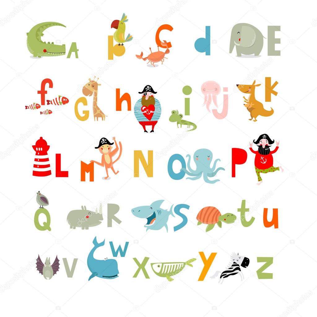 Vector illustration. English alphabet with animals and cartoon characters  for children's education. Stock Vector Image by ©utchenko_olga #126874542