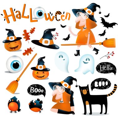 Büyük vektör halloween için ayarlayın. Sevimli cadı bir süpürge sopası, dökme, gözler, şapka, kedi, yarasalar, pumpkins, çerçeve üzerinde çizgi film. Posterler, kartpostallar, davetler için parti için kullanılabilmesi için Cadılar Bayramı. EPS 10