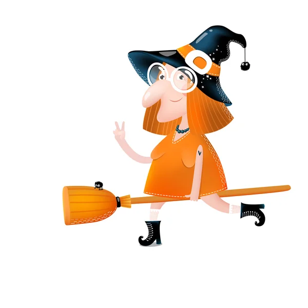 Ilustración vectorial de una linda bruja de dibujos animados volando en un palo de escoba. Se puede utilizar como póster, postal o invitación para una fiesta — Vector de stock