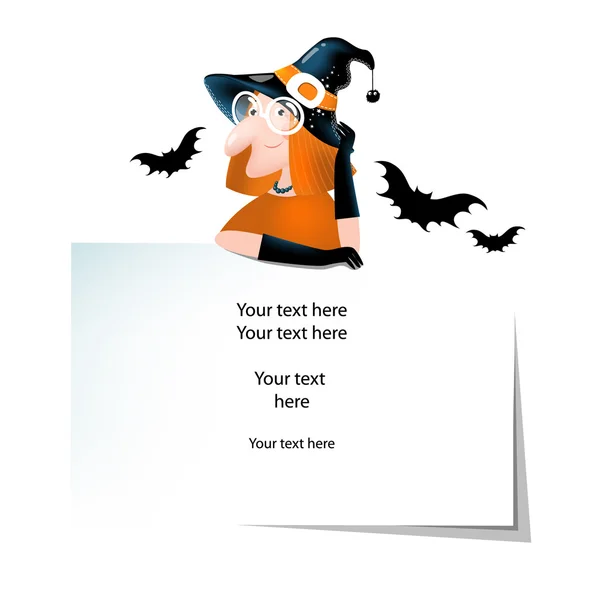 Ilustración vectorial para cosas de Halloween con linda bruja de dibujos animados, murciélagos y lugar para su texto. Se puede usar como póster, postal o invitación para una fiesta. eps 10 — Archivo Imágenes Vectoriales