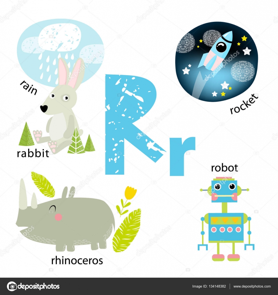 Vector illustration for teaching children the English alphabet with cartoon  animals and objects. 