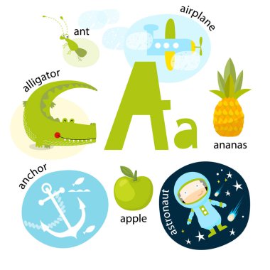 Vektör çizim karikatür hayvanlar ve nesnelerle İngilizce alfabe çocuk eğitimi için. Mektup bir 