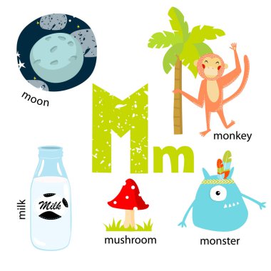 Vektör çizim karikatür hayvanlar ve nesnelerle İngilizce alfabe çocuk eğitimi için. 