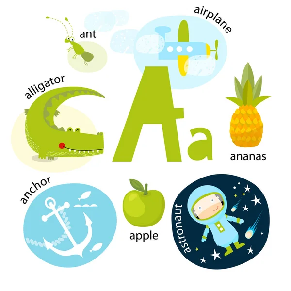 Vektor ilustrasi untuk mengajar anak-anak alfabet Inggris dengan kartun hewan dan benda. Huruf a ". Aligator, nanas, apel, semut, astronot, jangkar pesawat. Poster . - Stok Vektor