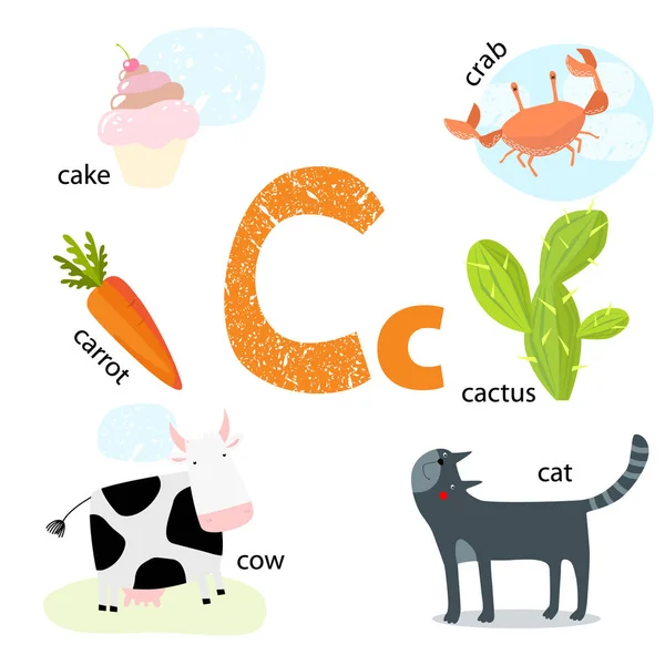 Ilustração vetorial para ensinar às crianças o alfabeto inglês com animais e objetos de desenhos animados. Carta "C". Bolo de gato, cacto de caranguejo, cenoura, vaca. Escola de cartaz . —  Vetores de Stock