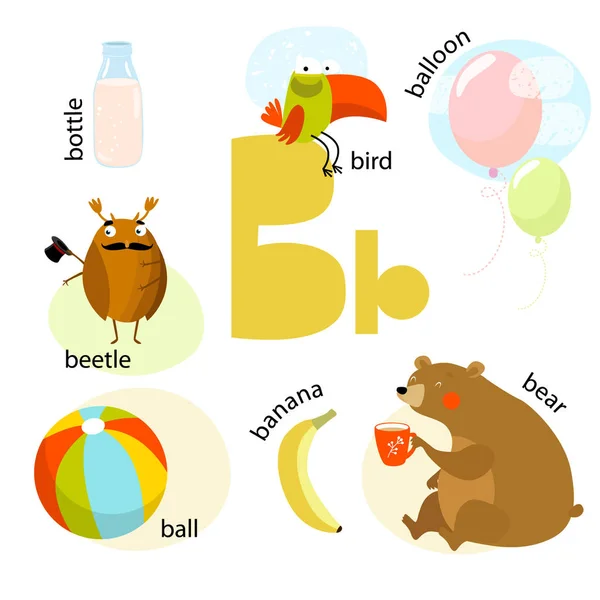 Vektor ilustrasi untuk mengajar anak-anak alfabet Inggris dengan kartun hewan dan benda. Huruf "B". Beruang, balon, bola, burung, botol, pisang, kumbang. Poster . - Stok Vektor