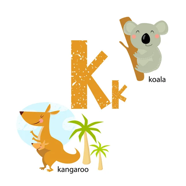 Vektorillustration, um Kindern das englische Alphabet mit Zeichentricktieren und -objekten beizubringen. Buchstabe "k". Koala, Känguru. Schulplakat — Stockvektor
