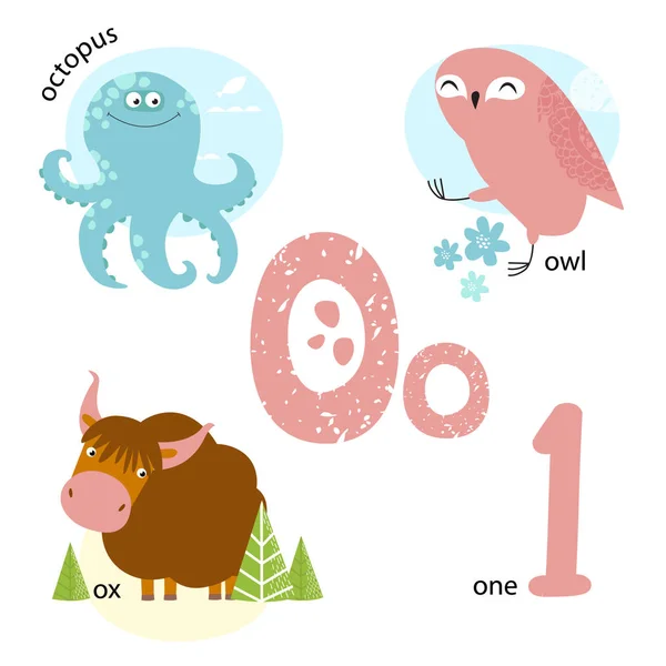 Ilustración vectorial para enseñar a los niños el alfabeto inglés con animales y objetos de dibujos animados. Carta "O". buey, uno, búho, pulpo. cartel escolar — Vector de stock