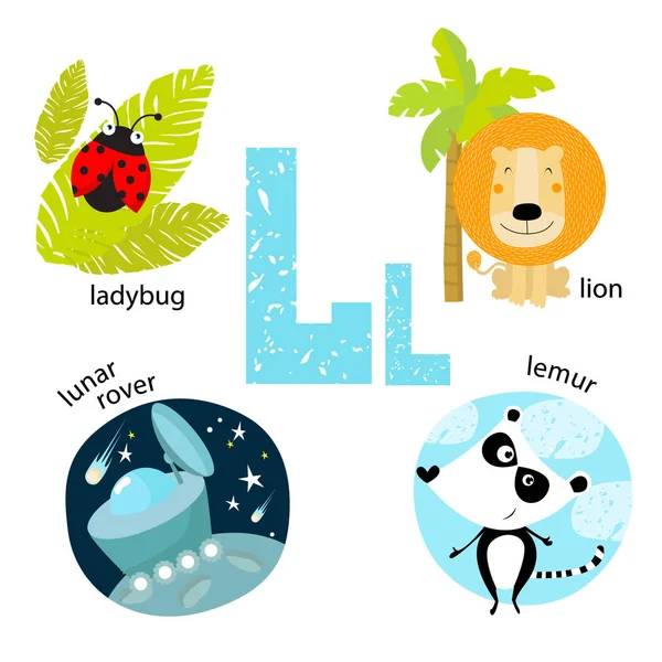 Ilustración vectorial para enseñar a los niños el alfabeto inglés con animales y objetos de dibujos animados. Letra "L". El León, el vagabundo lunar, una mariquita, un lémur. cartel escolar — Vector de stock