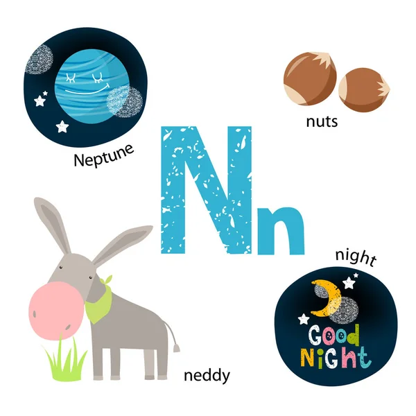 Ilustración vectorial para enseñar a los niños el alfabeto inglés con animales y objetos de dibujos animados. Carta "N". Neddy, Neptune, Night, Nueces. cartel escolar — Vector de stock