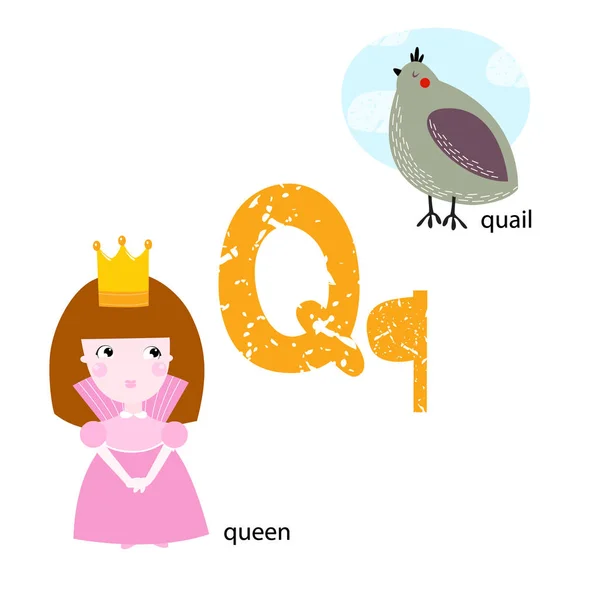 Vektorillustration, um Kindern das englische Alphabet mit Zeichentricktieren und -objekten beizubringen. Buchstabe "q". Wachtel, Königin. kleine Prinzessin, süßes Mädchen. Schulplakat — Stockvektor