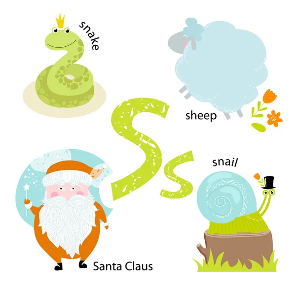 Vektör çizim karikatür hayvanlar ve nesnelerle İngilizce alfabe çocuk eğitimi için. "S" harfi. Noel Baba, koyun, salyangoz yılan. Güdük, sürüngen, yeni yıl, Noel. Poster, kart, okul — Stok Vektör