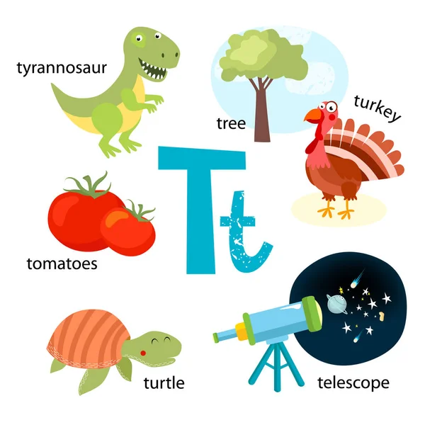 Векторная иллюстрация для обучения детей английскому алфавиту с мультяшными животными и предметами. Буква "Т". Телескоп, тираннозавр, индейка, дерево, черепаха, помидоры. — стоковый вектор