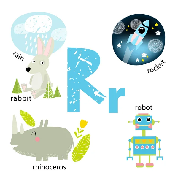 Vektorillustration för att lära barn det engelska alfabetet med tecknade djur och objekt. Bokstaven "R". Regn, kanin, noshörning, raket, en robot. Kosmos, skog, moln, sky. skolplansch — Stock vektor