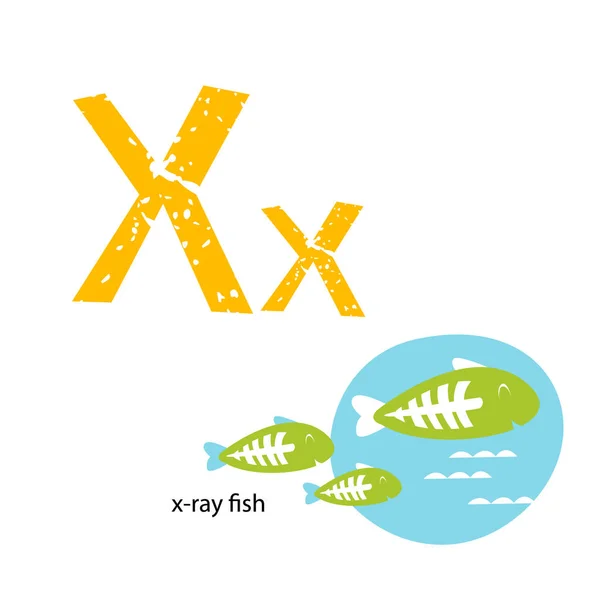 Ilustración vectorial para enseñar a los niños el alfabeto inglés con animales y objetos de dibujos animados. Carta "X". Peces de rayos X. Póster, postal, escuela — Vector de stock