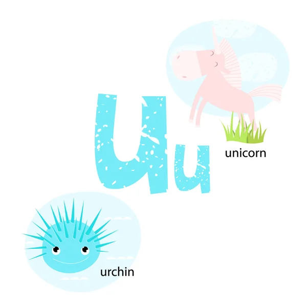 Ilustración vectorial para enseñar a los niños el alfabeto inglés con animales y objetos de dibujos animados. Carta "U". El unicornio, erizo de mar. Póster, postal, escuela — Vector de stock