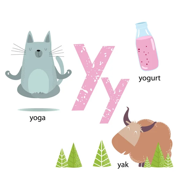 Vektor ilustrasi untuk mengajar anak-anak alfabet Inggris dengan kartun hewan dan benda. Huruf "Y". yoga, yogurt, yak. Poster, kartu pos, sekolah - Stok Vektor