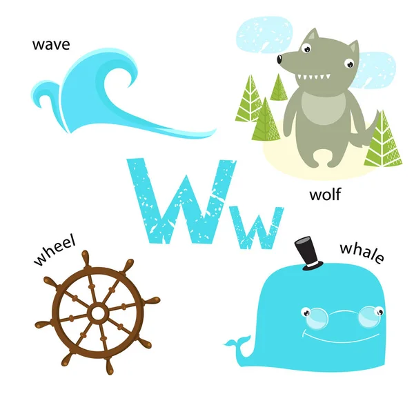 Ilustración vectorial para enseñar a los niños el alfabeto inglés con animales y objetos de dibujos animados. Carta "W". ballena, ola, rueda, lobo. Póster, postal, escuela — Vector de stock