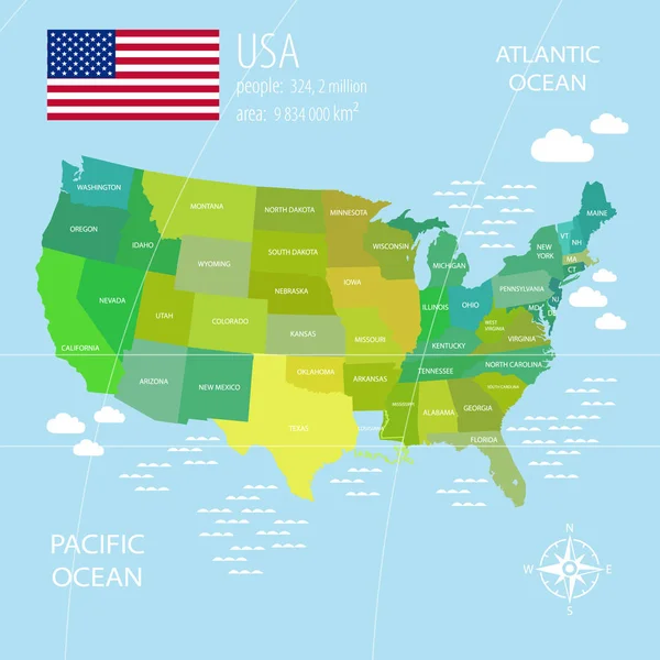 Her ülke için farklı renkler ile vektör ABD harita. — Stok Vektör
