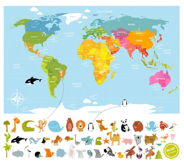 Kaart van de wereld van de vector met een heleboel dieren — Stockvector