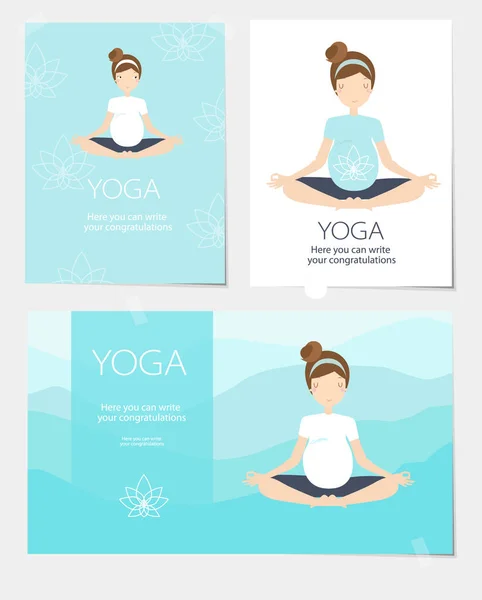 Set illustrazione vettoriale con cartone animato donna incinta che pratica yoga — Vettoriale Stock