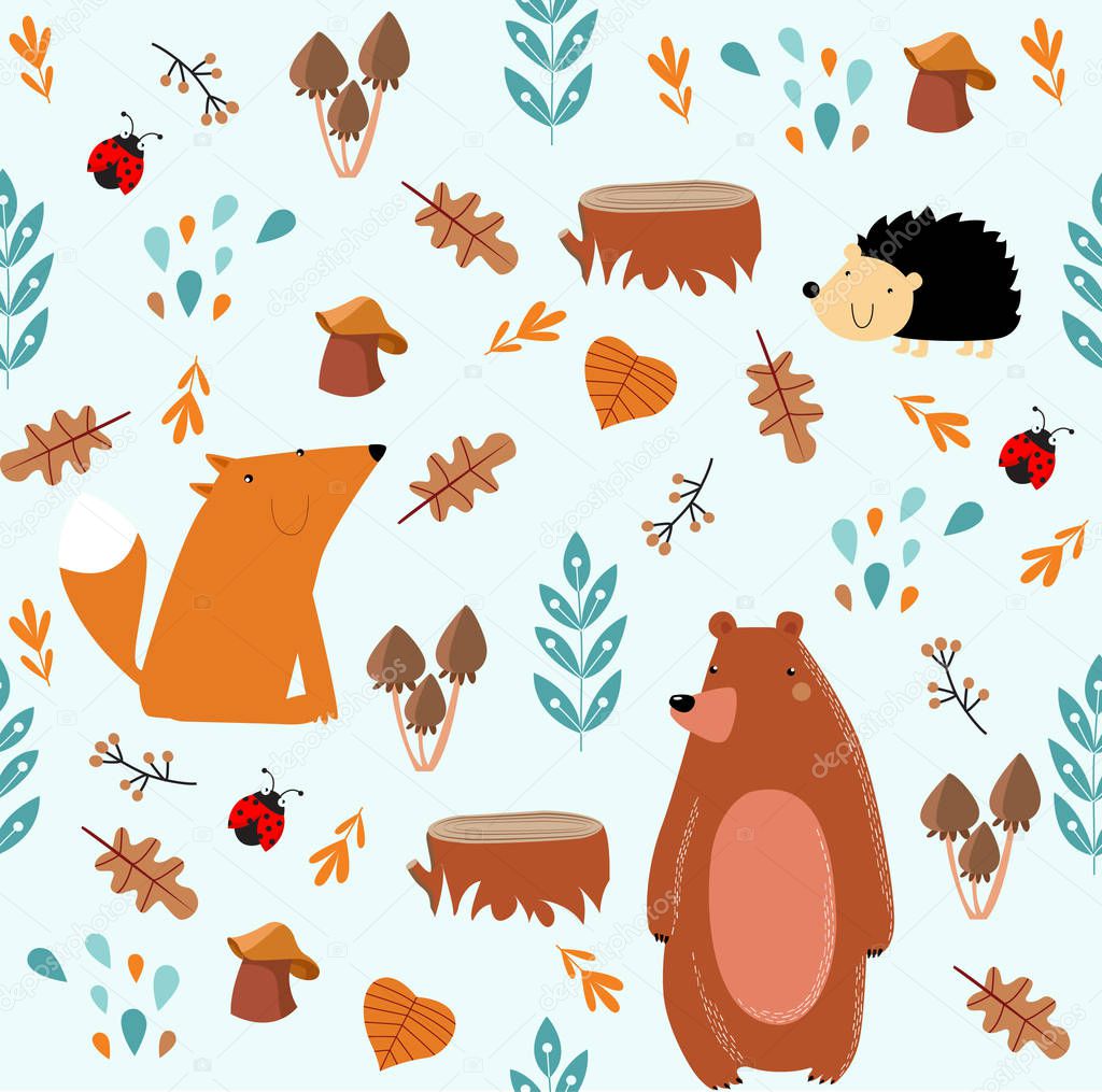 Vector forest seamless pattern with the bear, fox, hedgehog, ladybirds, mushrooms, flowers, trees, stumps, grass fire. Nature, meadow, summer. It can be used for printing on fabric and wallpaper.