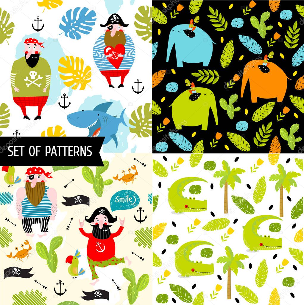 4 vector seamless pattern with cartoon characters