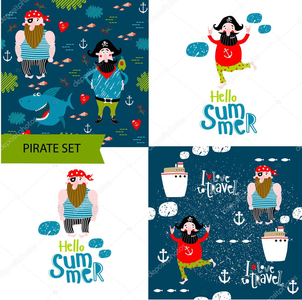 Vector seamless backgrounds with cartoon pirates, crabs, parrots, an anchor.