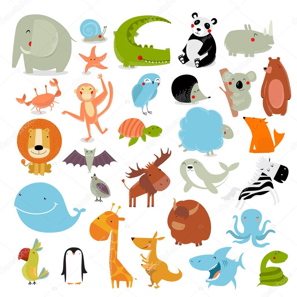 Big vector set of animals. The crocodile, elephant, bear, duck, panda, koala, lion, monkey, turtle, whale, shark, crab, fox, kangaroo, giraffe, bat, hedgehog, owl, snake, starfish, quail