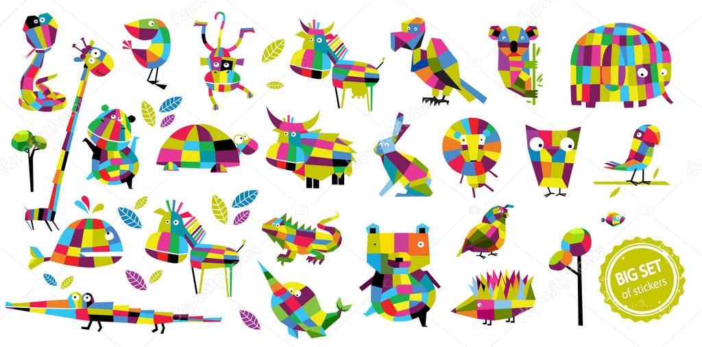 Big vector set of animals.Cartoon Animals. Bear, lion, monkey, elephant, the hedgehog, the crocodile, parrot, rabbit,koala, giraffe, whale, owl, lizard,turtle. Tropical animals African.