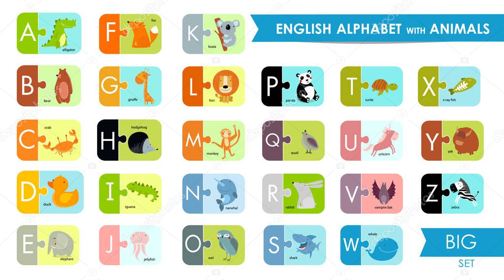 Vector English alphabet for children with cute animals