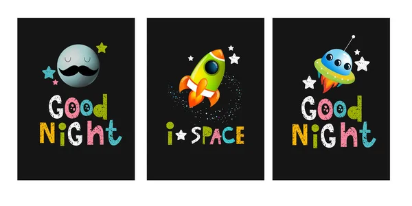 Conjunto de vetores Ilustração da fonte com lua, foguete, estrelas "boa noite", "espaço ". —  Vetores de Stock