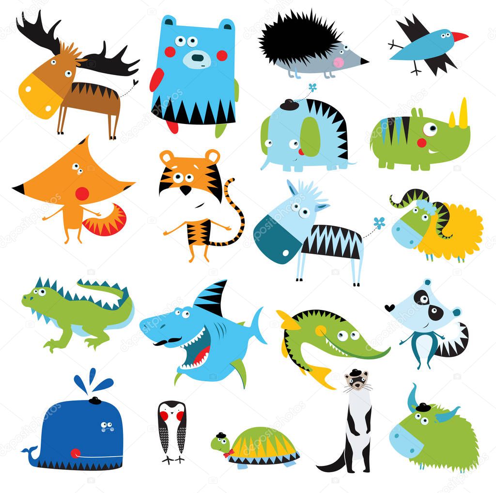 Big vector set of cartoon animals.deer, bear, fox, tiger, zebra, lemur, pike, iguana