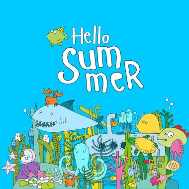 Vektör çizim sualtı çizgi film karakterleri bir sürü ile. 