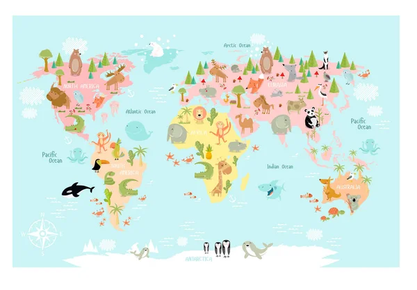 Mapa vectorial del mundo con animales de dibujos animados para niños — Vector de stock