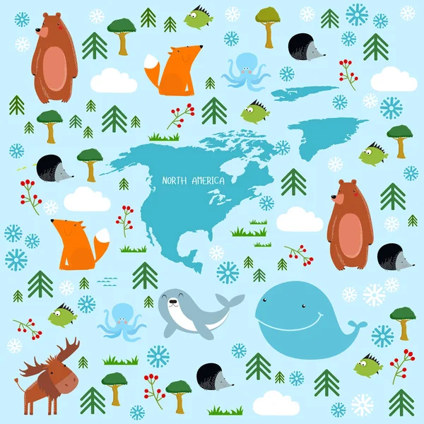 Fond vectoriel Amérique du Nord avec des animaux de dessin animé . — Image vectorielle