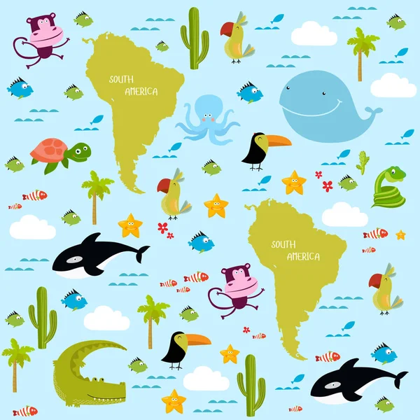 Fondo vectorial Sudamérica con animales de dibujos animados — Archivo Imágenes Vectoriales