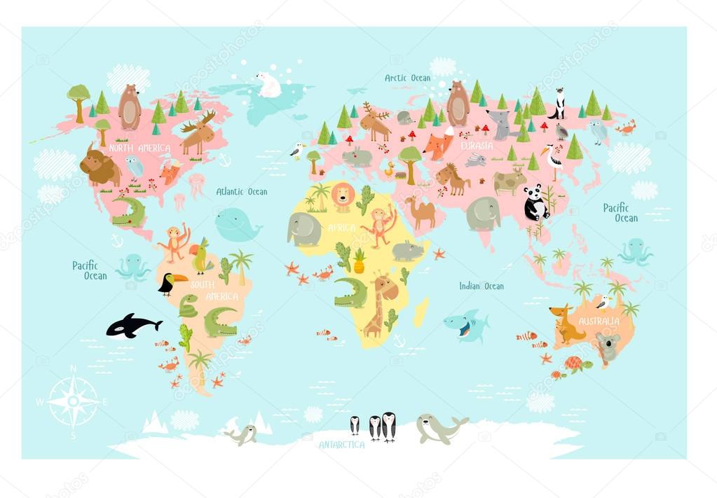 Vector map of the world with cartoon animals for kids
