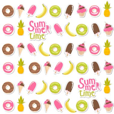  Yaz döngüsü. Yaz zamanı. Tatil. Yemek. Dondurma, çörek, pasta, ananas, muz, smoothie