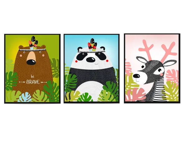 Plakate Mit Tieren Zeichentrickfiguren Zeichentricktiere Bär Panda Rehkitz — Stockvektor
