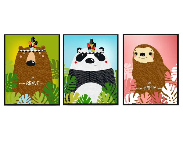 Carteles Con Animales Personajes Dibujos Animales Dibujos Animados Oso Panda — Archivo Imágenes Vectoriales