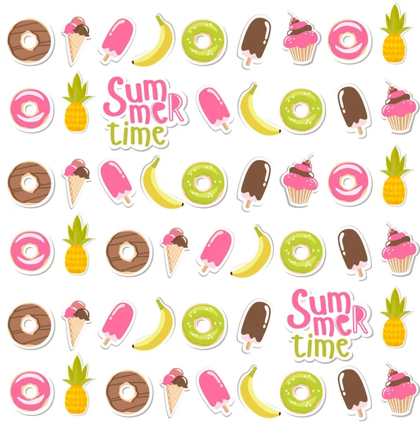 Summer Pattern Summer Time Holiday Food Ice Cream Donut Cake — Stock Vector