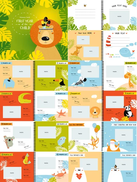 带卡通动物的病媒图片集 给孩子们看 孩子的第一年 明信片 热带地区 卡通人物 — 图库矢量图片