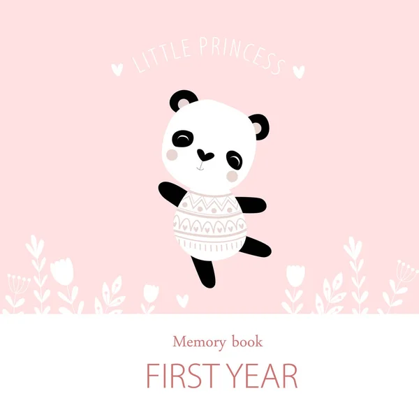 女の子のための写真アルバムのピンクのカバー 私たちの小さな王女 パンダによって ポスター ポストカード メトリック 写真のためのメモリブック — ストックベクタ