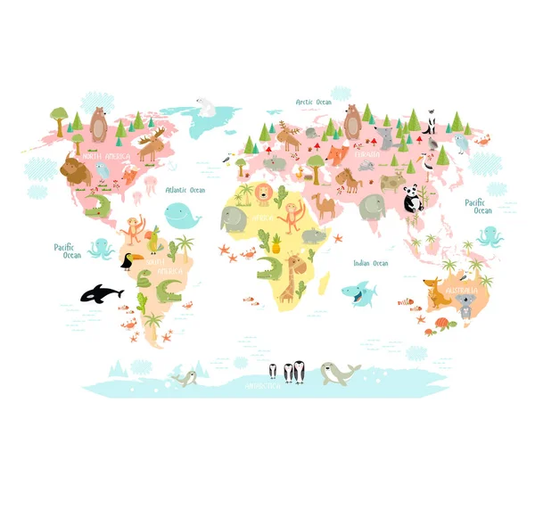 Vector Map World Cartoon Animals Kids Europe Asia South America — Stock Vector